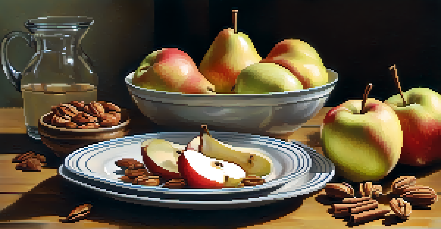 A plate with sliced apples and pears sprinkled with cinnamon, surrounded by nuts and autumn leaves on a wooden table.