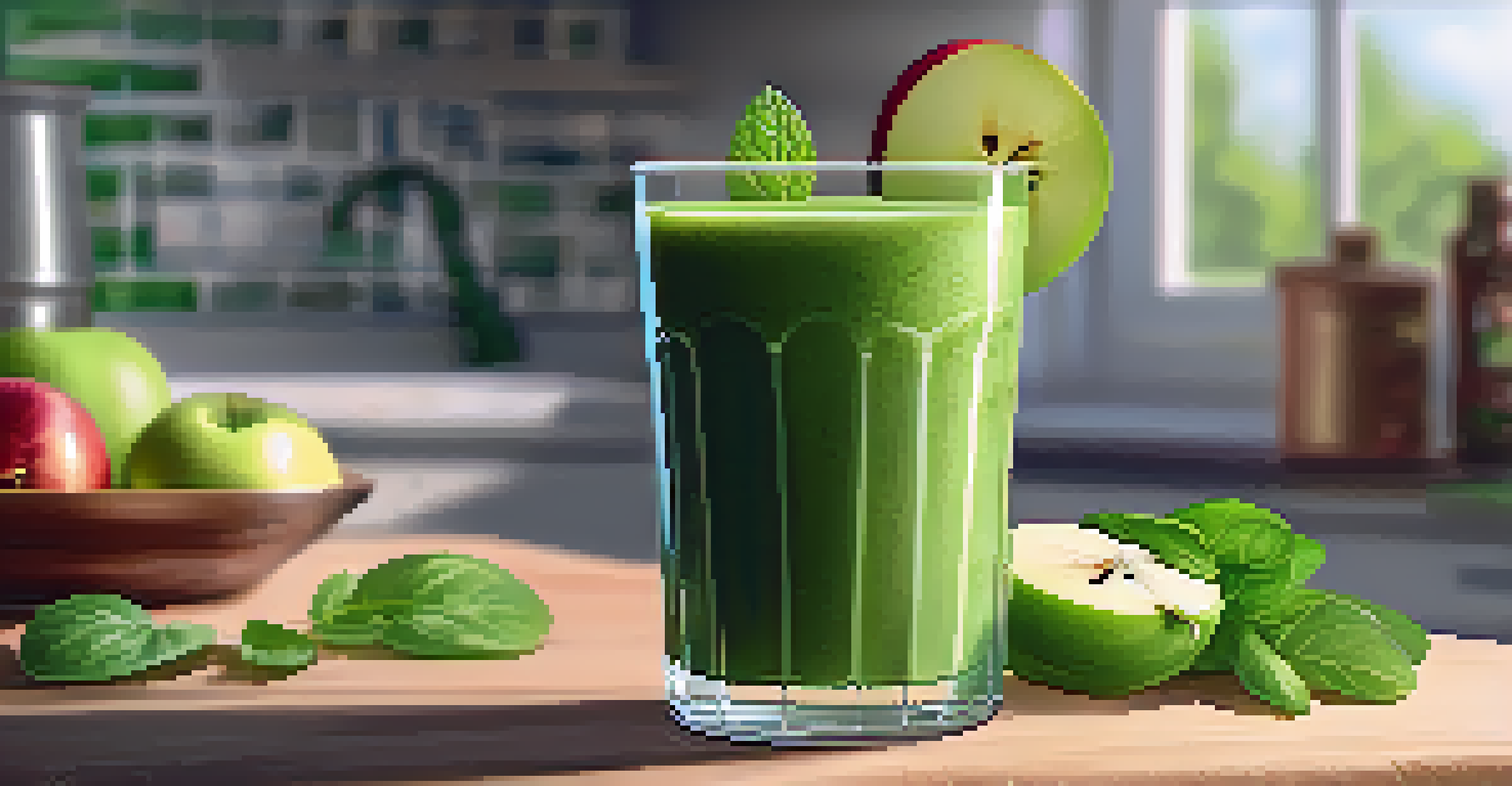 A clear glass filled with a green smoothie made from spinach and mint, garnished with a slice of apple and mint, illuminated by sunlight.