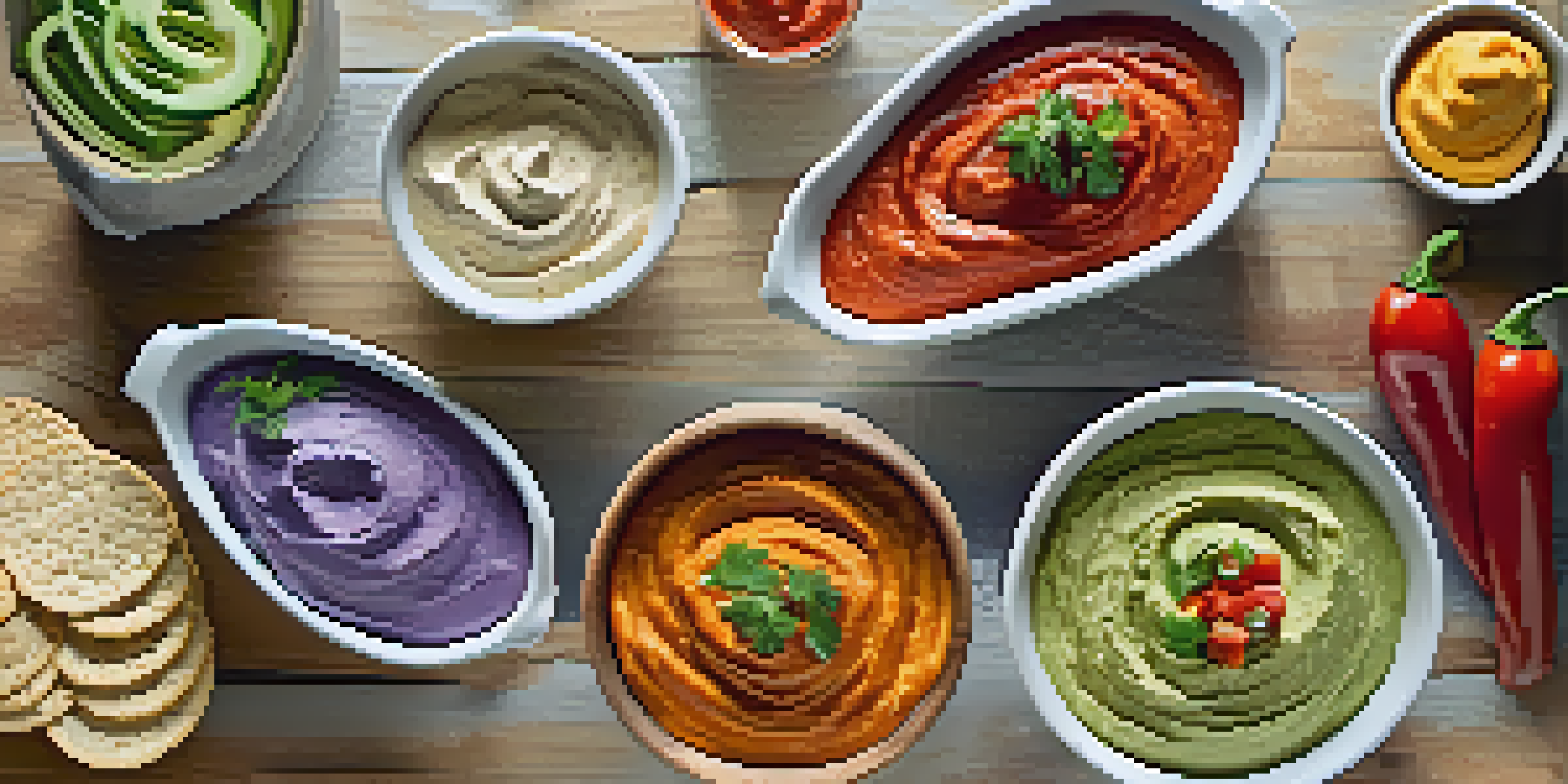 A wooden table displaying five colorful raw food dips in small bowls, surrounded by fresh vegetables and crackers, illuminated by natural sunlight.