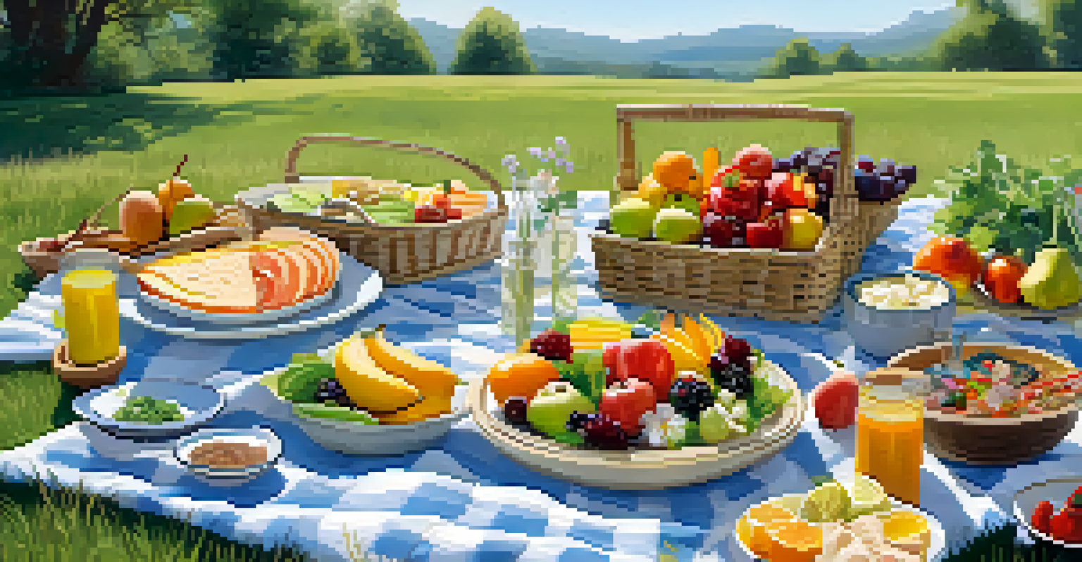 A tranquil outdoor picnic scene with raw food dishes on a blanket in a grassy area surrounded by flowers.