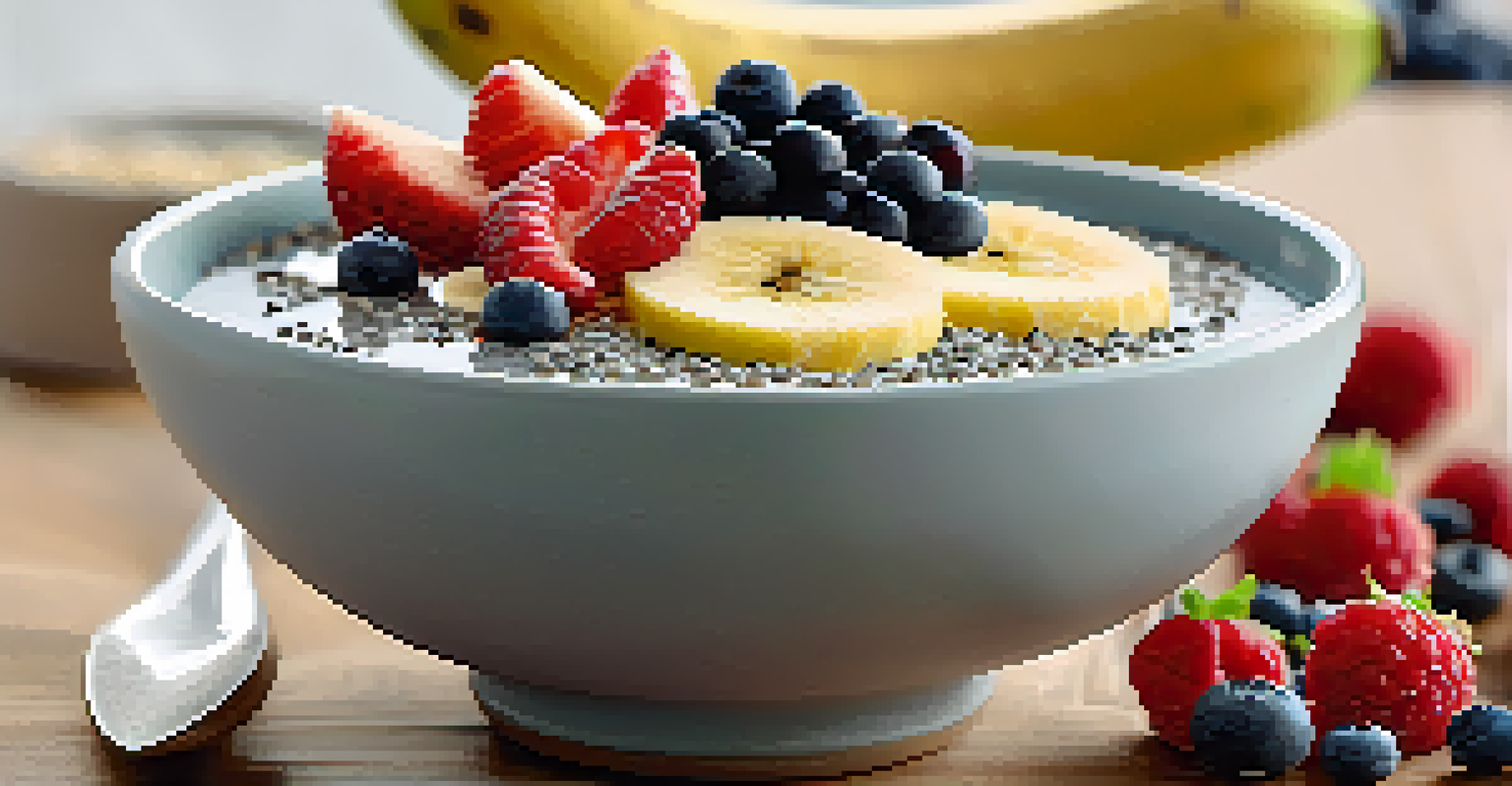 A smoothie bowl filled with fruits and seeds, placed on a wooden surface with a spoon beside it.