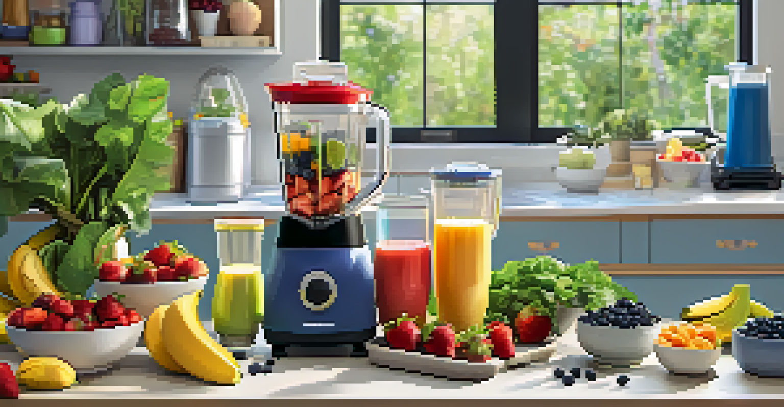 A smoothie station with a blender and colorful fruits on a kitchen counter, with a child excitedly choosing ingredients.
