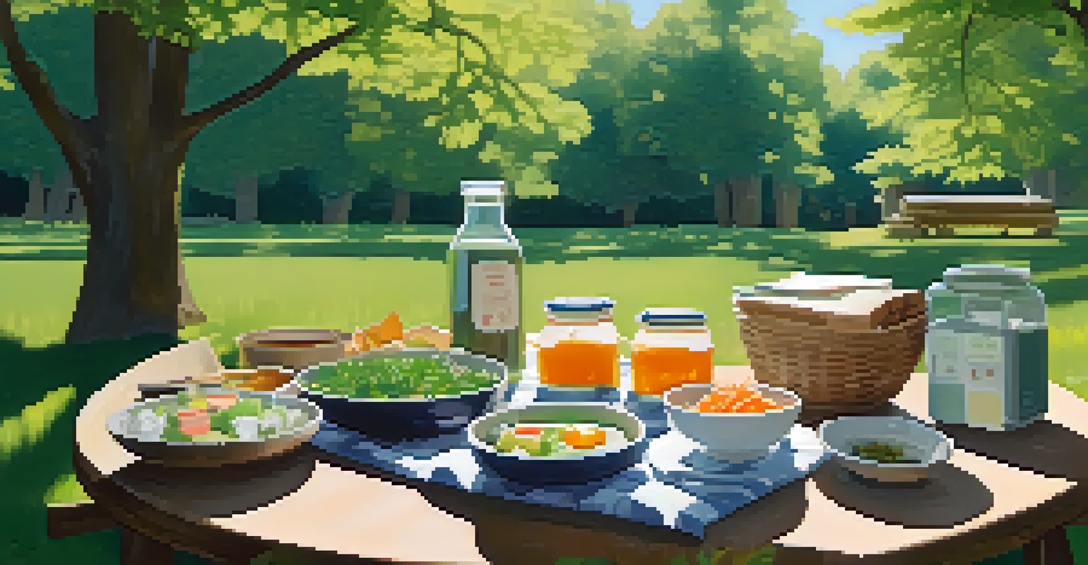 A picnic scene with a blanket laid out, displaying various fermented foods in a lush green park.