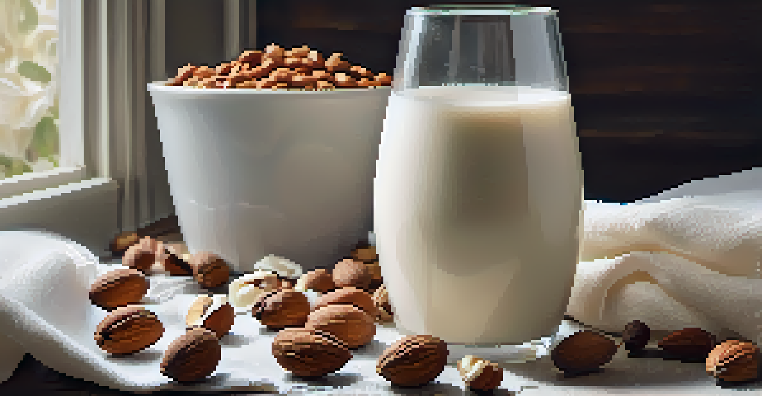 A close-up of creamy nut milk being poured into a glass, with raw nuts scattered around and a warm atmosphere.