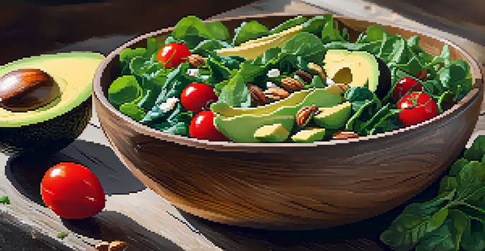 A colorful salad bowl with leafy greens, avocado, cherry tomatoes, nuts, and seeds on a rustic wooden table, illuminated by sunlight.