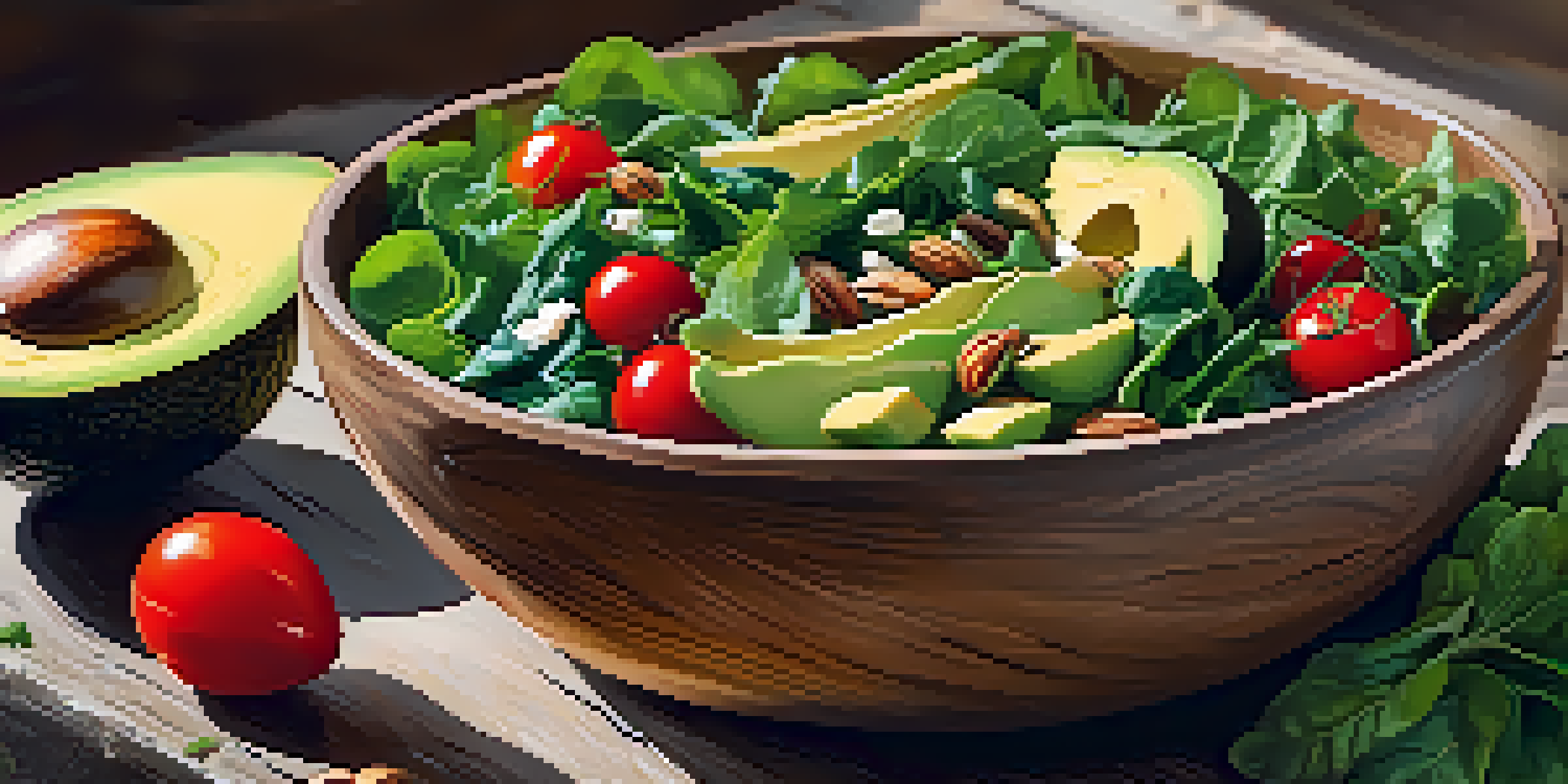 A colorful salad bowl with leafy greens, avocado, cherry tomatoes, nuts, and seeds on a rustic wooden table, illuminated by sunlight.
