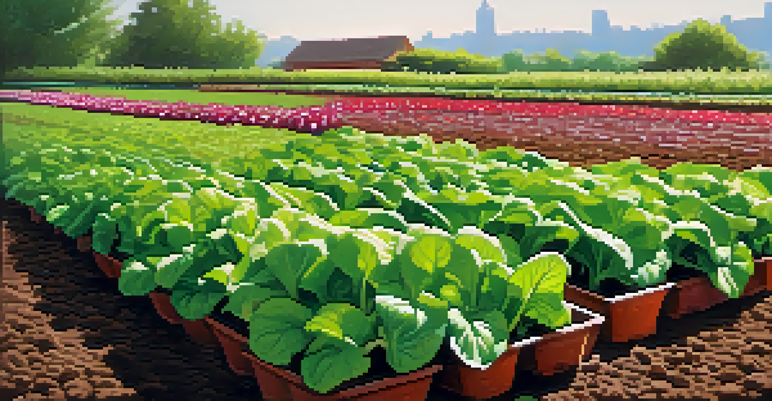 A close-up view of an organic vegetable garden with various plants like lettuce, radishes, and herbs growing in neat rows under morning sunlight.