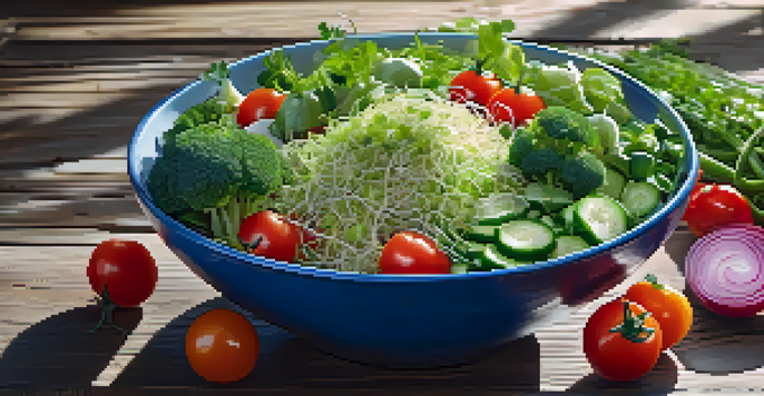 A colorful salad bowl filled with fresh alfalfa, broccoli, and radish sprouts, cherry tomatoes, and cucumber slices, on a rustic wooden table with natural sunlight.