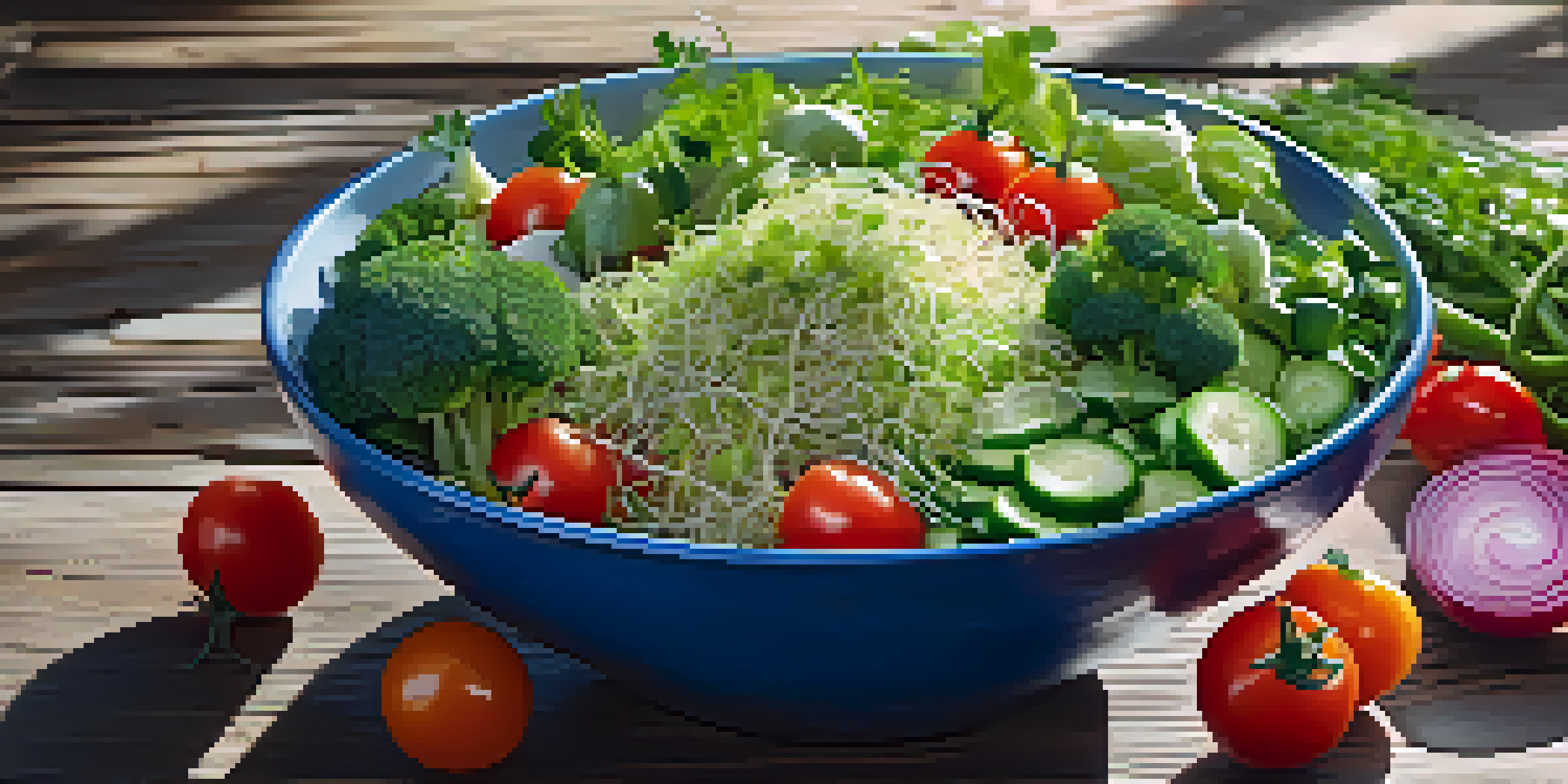 A colorful salad bowl filled with fresh alfalfa, broccoli, and radish sprouts, cherry tomatoes, and cucumber slices, on a rustic wooden table with natural sunlight.