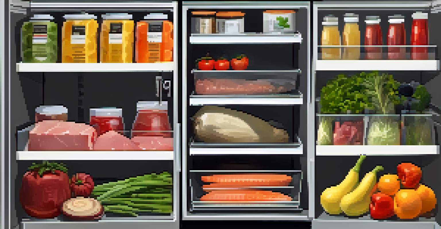 A well-organized refrigerator showcasing raw foods stored at safe temperatures, with fruits on top and raw meats sealed on the bottom shelf.