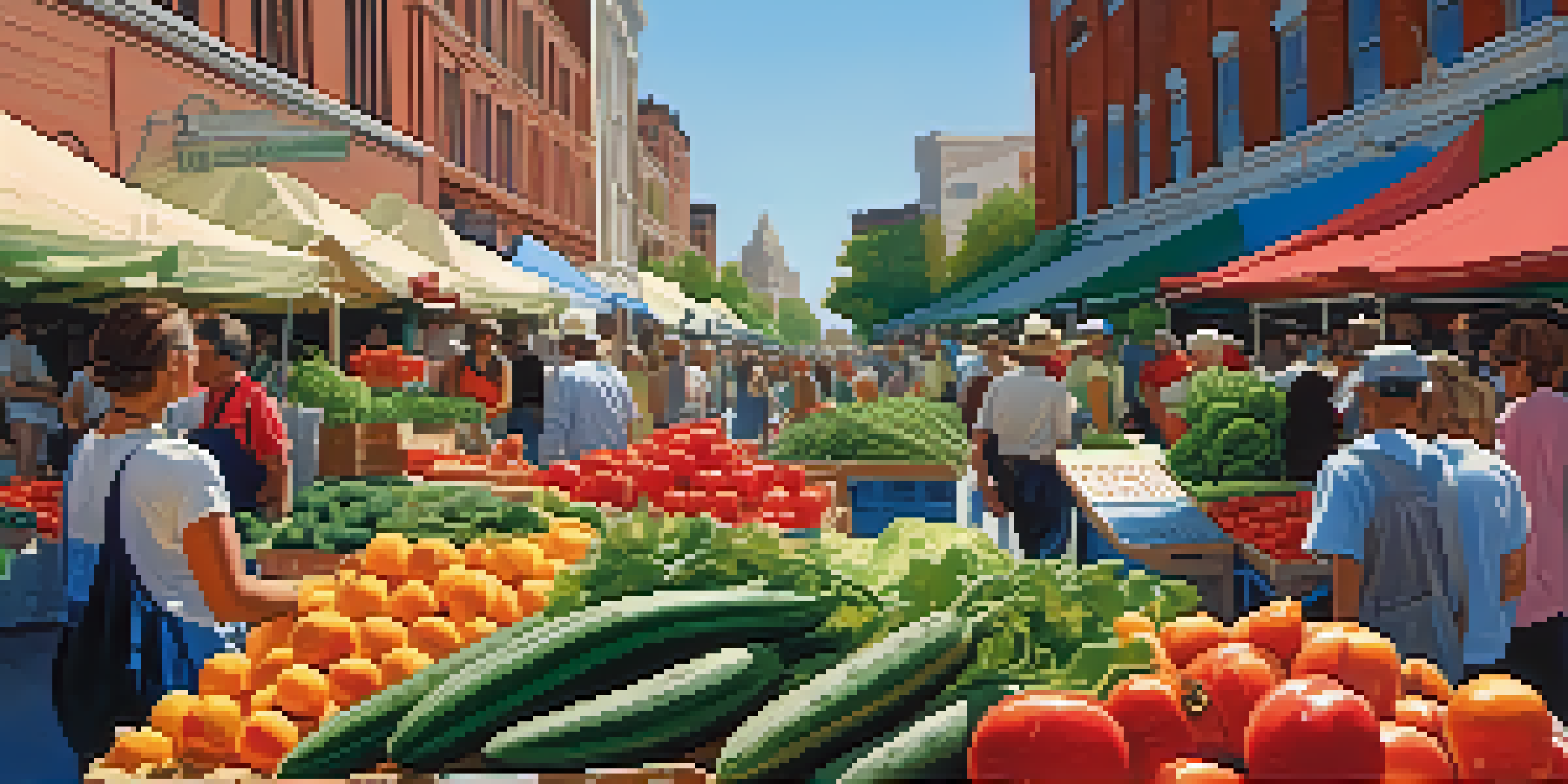 A lively farmer's market filled with colorful fruits and vegetables, with people engaging in shopping under a clear blue sky.