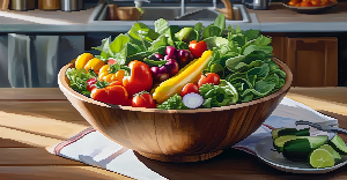 A large wooden bowl filled with a colorful assortment of fresh raw vegetables, set in a bright kitchen with sunlight streaming in.