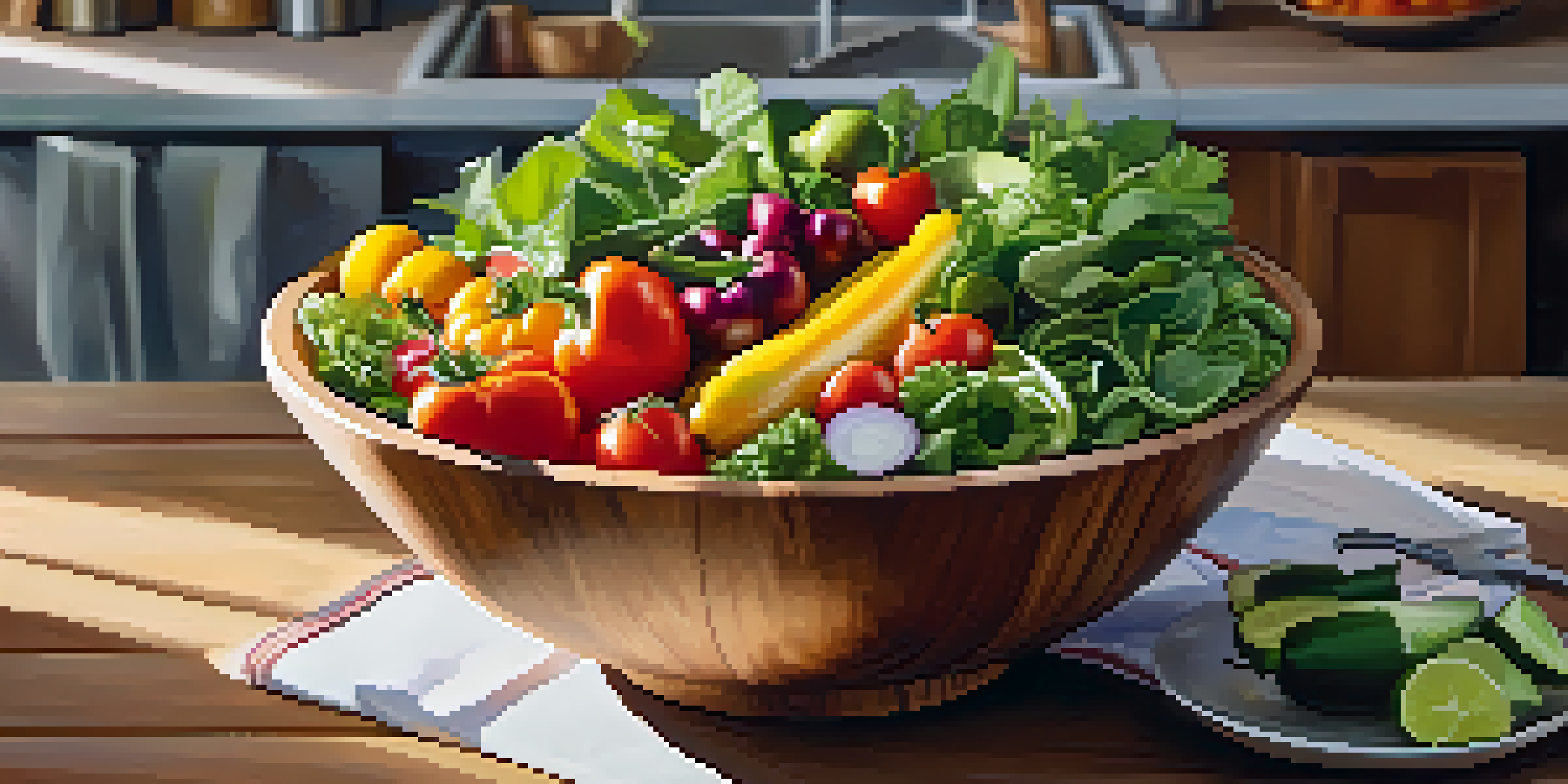 A large wooden bowl filled with a colorful assortment of fresh raw vegetables, set in a bright kitchen with sunlight streaming in.