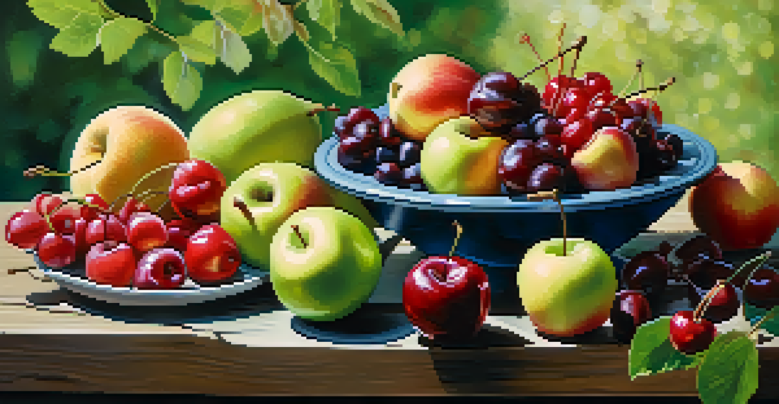 An assortment of raw fruits including berries, cherries, and a sliced apple on a rustic wooden table.