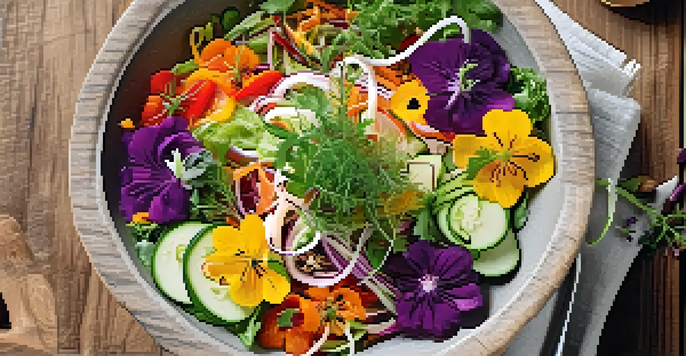 A colorful raw food salad with spiralized vegetables and edible flowers in a wooden bowl, garnished with fresh herbs under soft lighting.