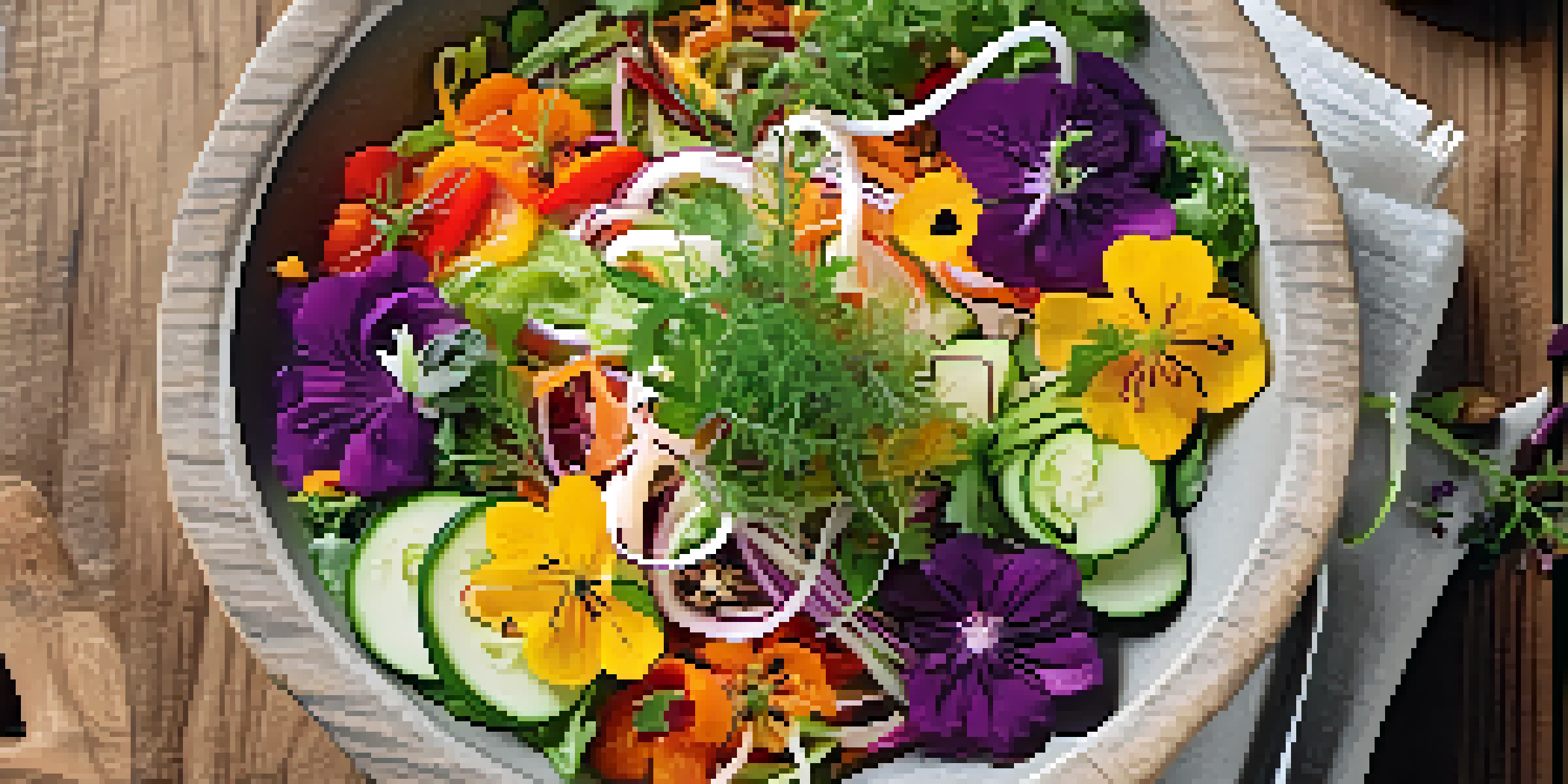 A colorful raw food salad with spiralized vegetables and edible flowers in a wooden bowl, garnished with fresh herbs under soft lighting.