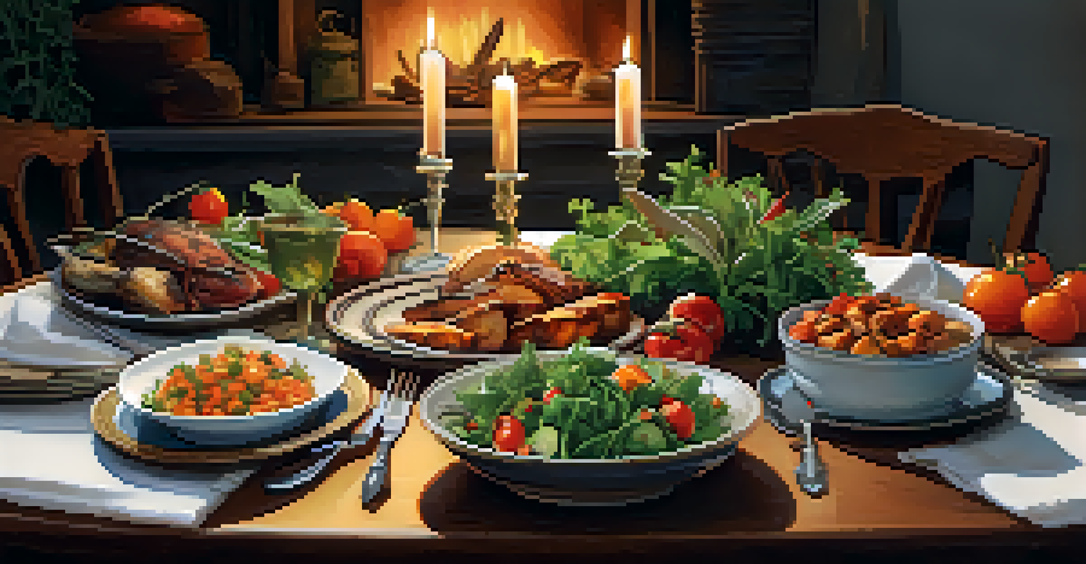 A dining table with a mix of raw salad and cooked roasted vegetables, illuminated by soft candlelight.