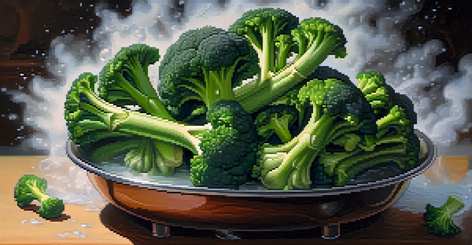 A close-up of broccoli steaming in a pot, with steam rising and droplets of water on the vibrant green surface.
