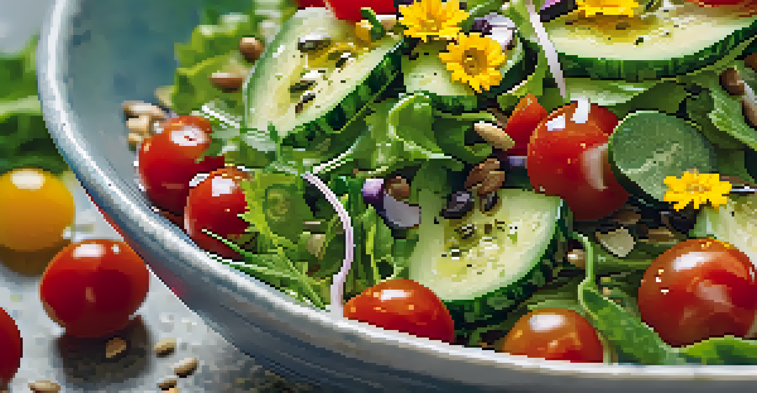 A close-up of a colorful raw salad bowl with mixed greens, tomatoes, and cucumber, garnished with herbs.