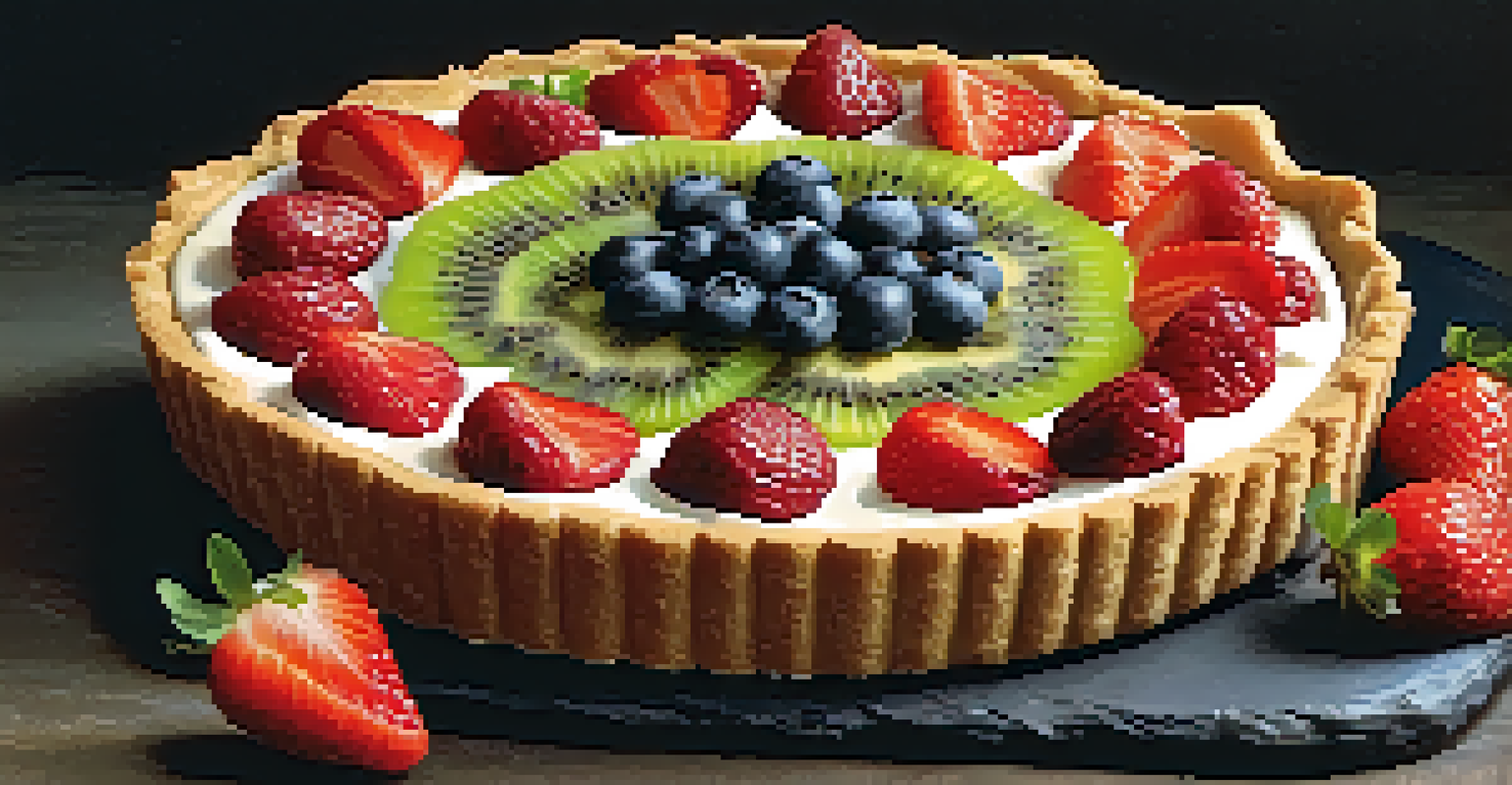 A raw fruit tart made with a nut and date crust, cashew cream filling, and topped with fresh fruits on a slate platter.