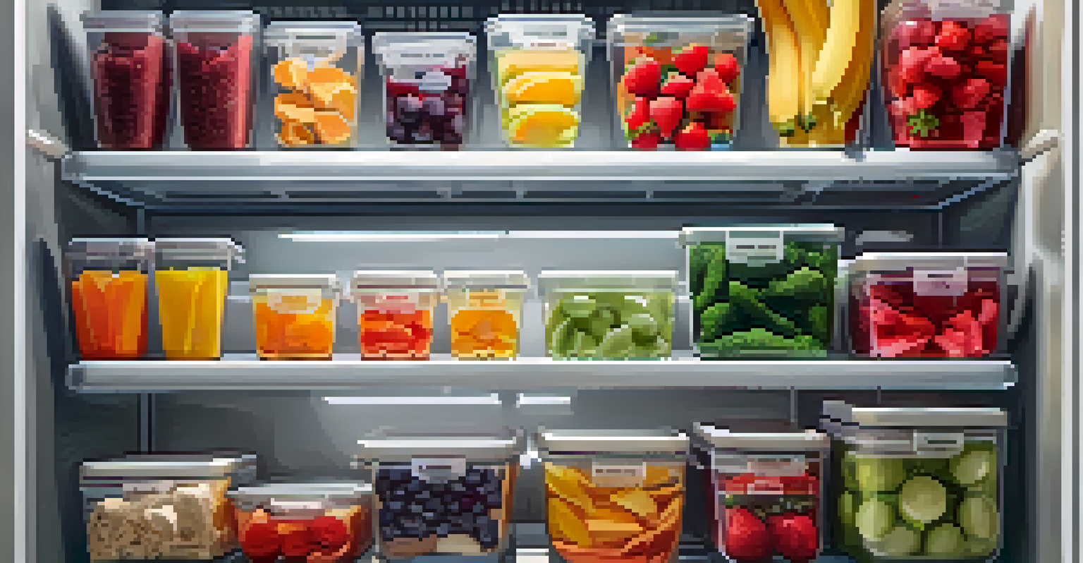 An open fridge filled with clear containers of no-bake raw snacks, organized and labeled, alongside colorful fruits and vegetables.