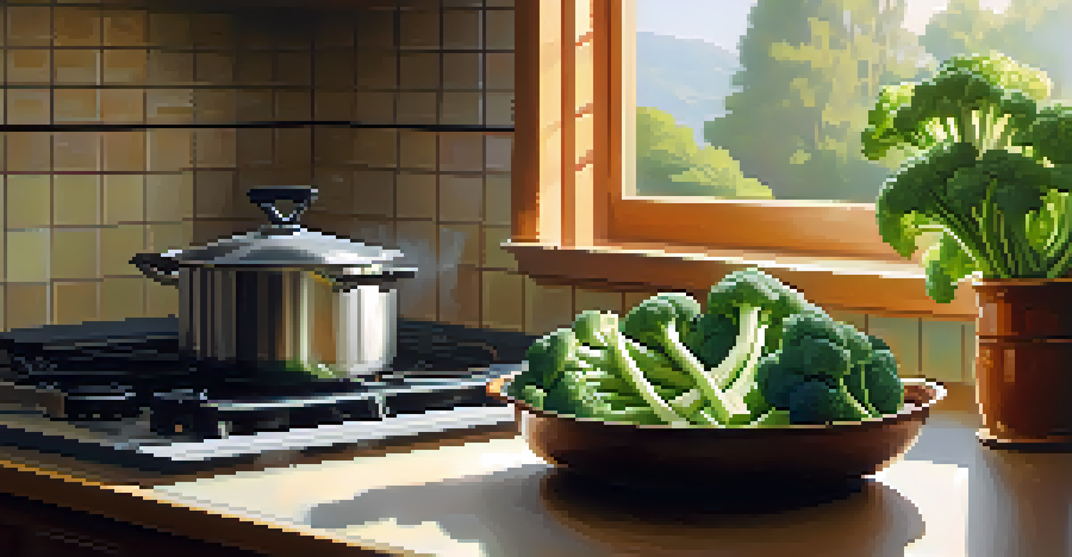 A cozy kitchen with a steaming pot of broccoli on the stove and a fresh cucumber salad on the countertop, illuminated by sunlight.