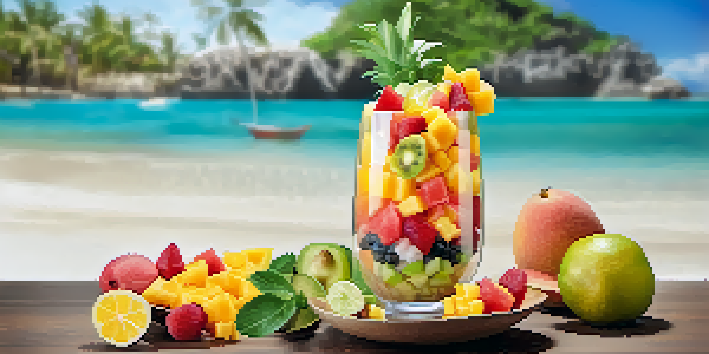 A clear glass bowl filled with a bright and colorful tropical fruit salad, including pineapple, papaya, guava, and mango, garnished with shredded coconut and fresh mint.