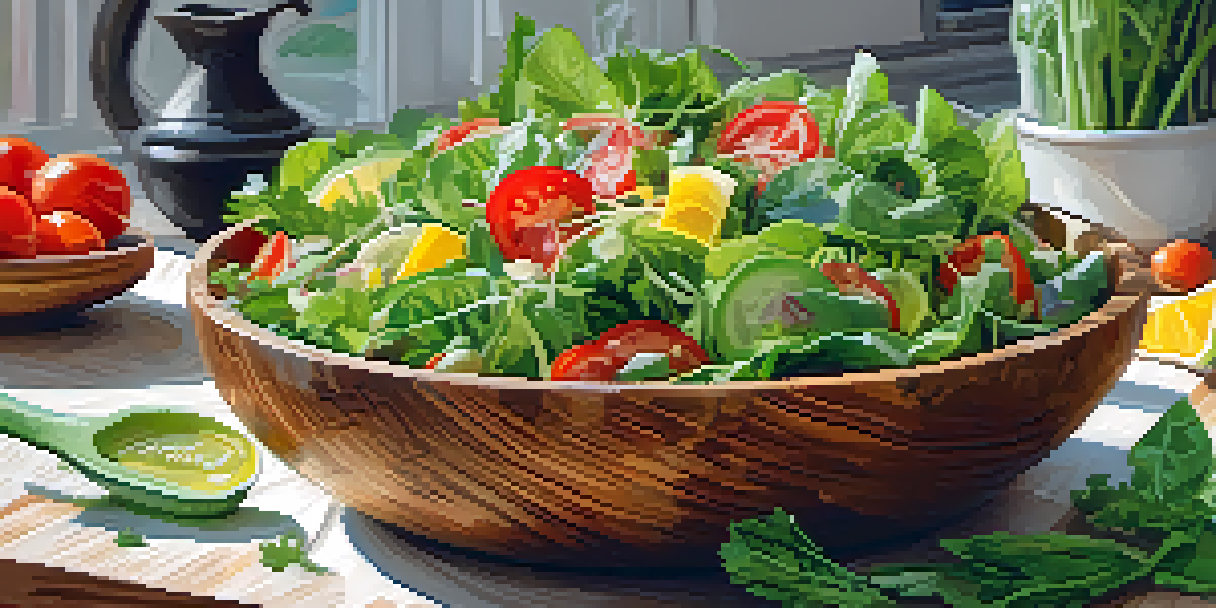 A colorful raw food salad with leafy greens, tomatoes, cucumbers, and grated carrots in a wooden bowl, illuminated by natural light.