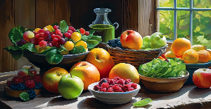 A colorful display of fresh fruits and vegetables on a wooden table, with sunlight highlighting the vibrant colors.