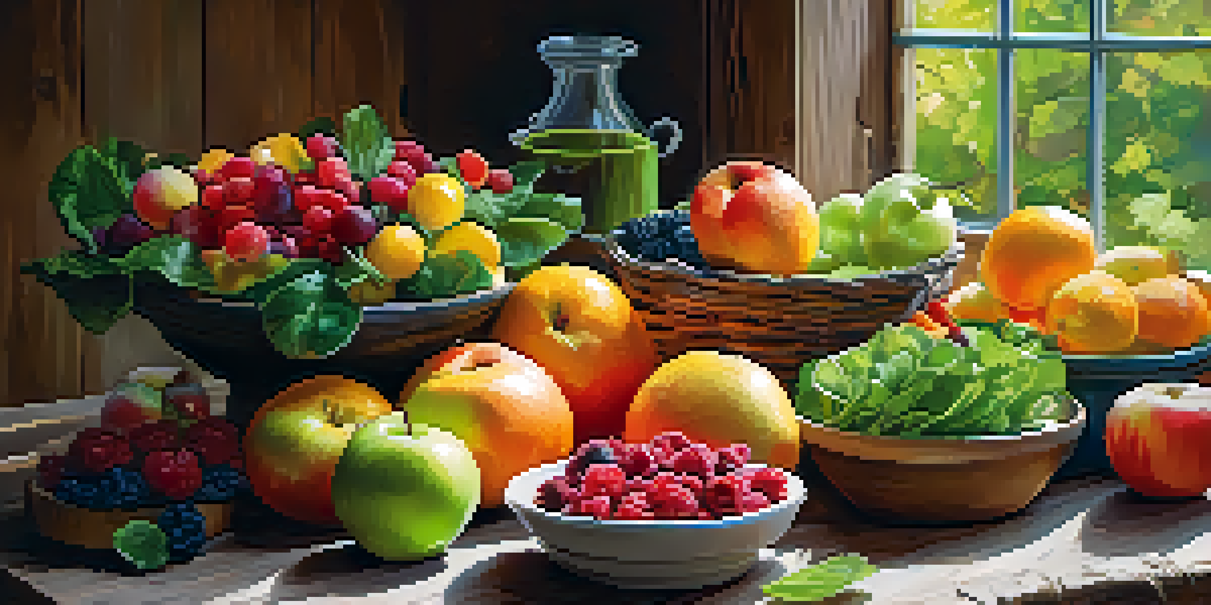 A colorful display of fresh fruits and vegetables on a wooden table, with sunlight highlighting the vibrant colors.