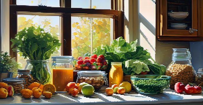 A colorful display of fresh raw ingredients on a kitchen countertop under warm sunlight, ideal for meal prep.