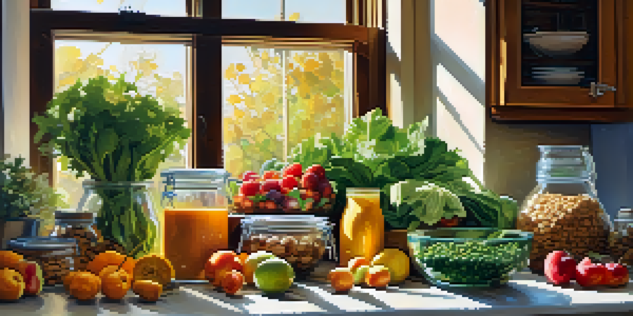 A colorful display of fresh raw ingredients on a kitchen countertop under warm sunlight, ideal for meal prep.