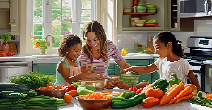 A family cooking together in a bright kitchen with fresh fruits and vegetables on the countertop.