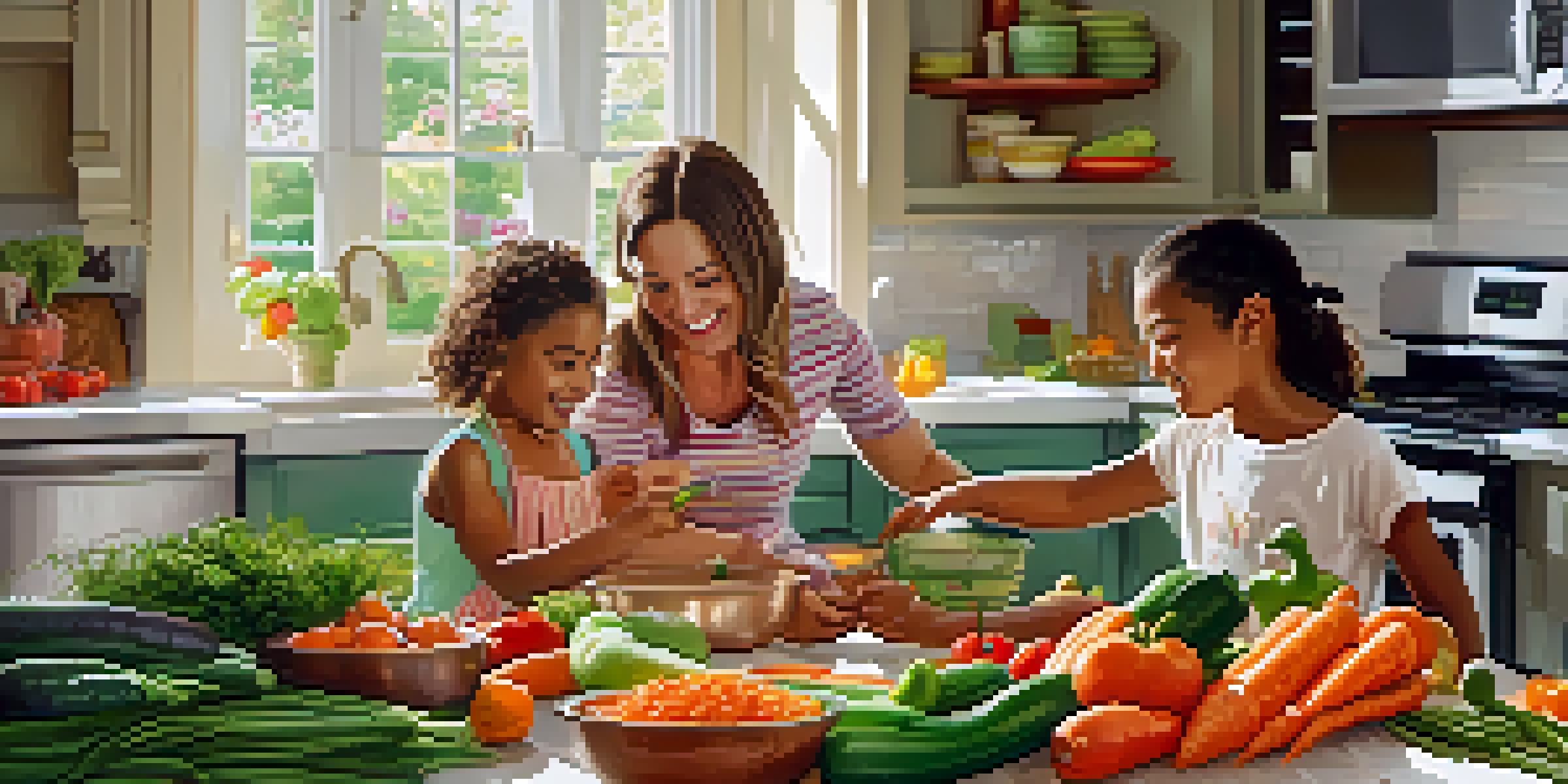 A family cooking together in a bright kitchen with fresh fruits and vegetables on the countertop.