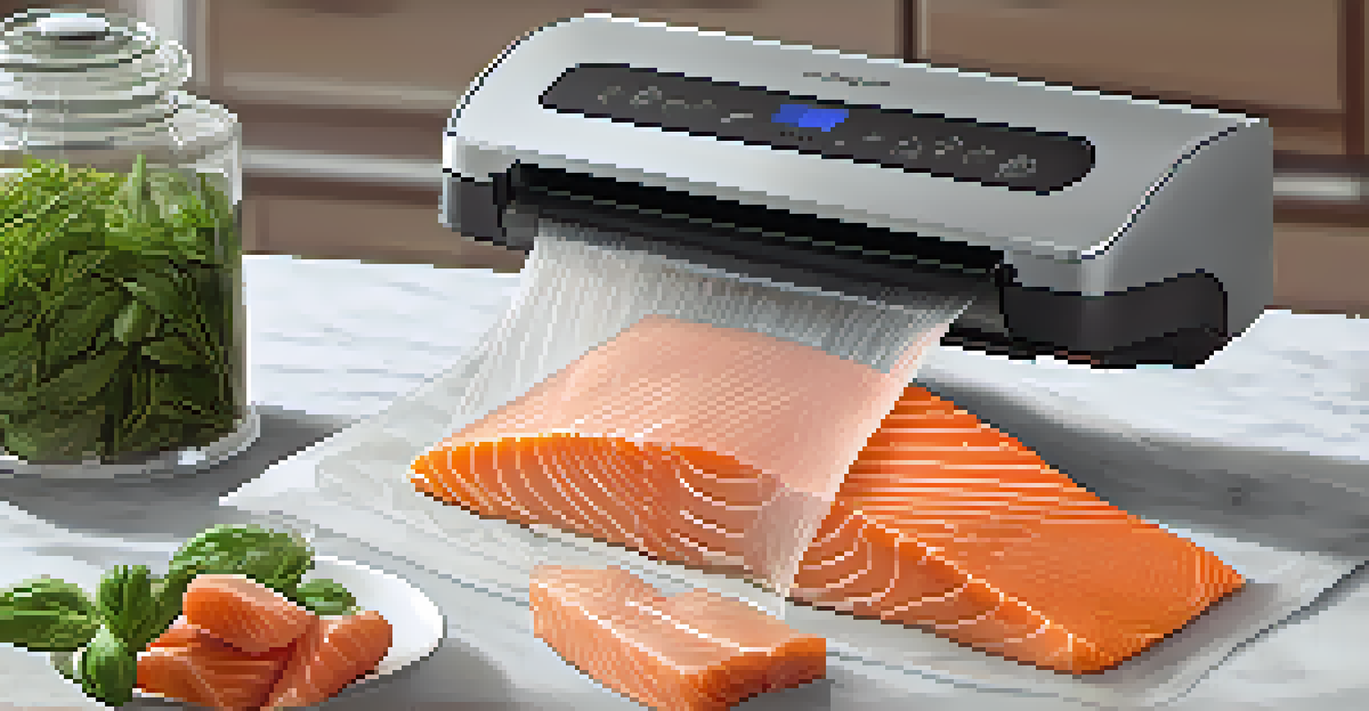 A vacuum sealer sealing fresh salmon fillets in a clear bag with herbs and spices on the counter in a cozy kitchen.