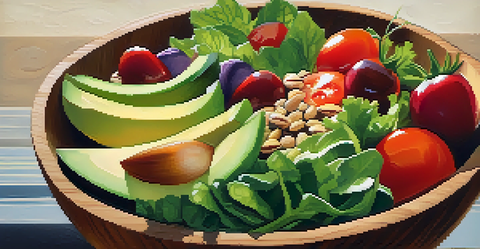 A colorful raw food salad bowl featuring vegetables, leafy greens, nuts, and seeds, beautifully arranged in a wooden bowl under natural sunlight.