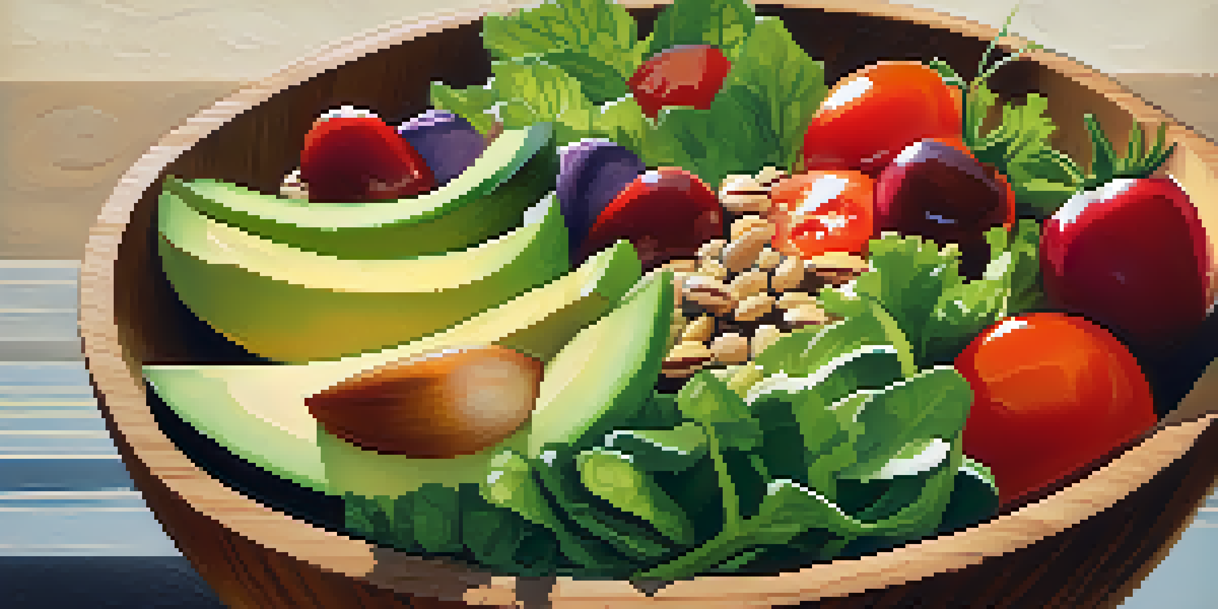 A colorful raw food salad bowl featuring vegetables, leafy greens, nuts, and seeds, beautifully arranged in a wooden bowl under natural sunlight.
