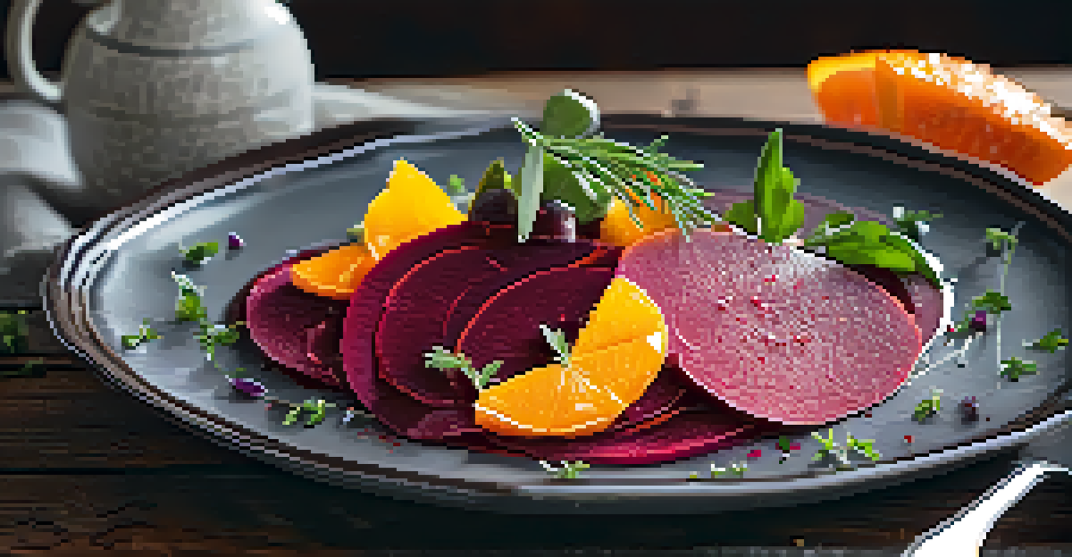 A plate of raw beet and orange carpaccio with fresh herbs, presented elegantly on a white dish.