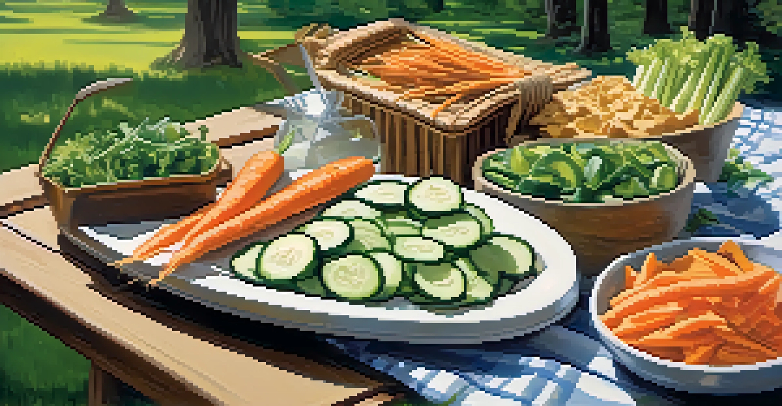 An outdoor picnic scene with an array of raw foods, including carrot sticks, cucumber slices with hummus, and a salad, set in a natural environment with sunlight filtering through trees.