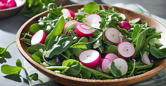 A bright and colorful spring salad with greens and radishes in a wooden bowl, set against a natural outdoor backdrop.