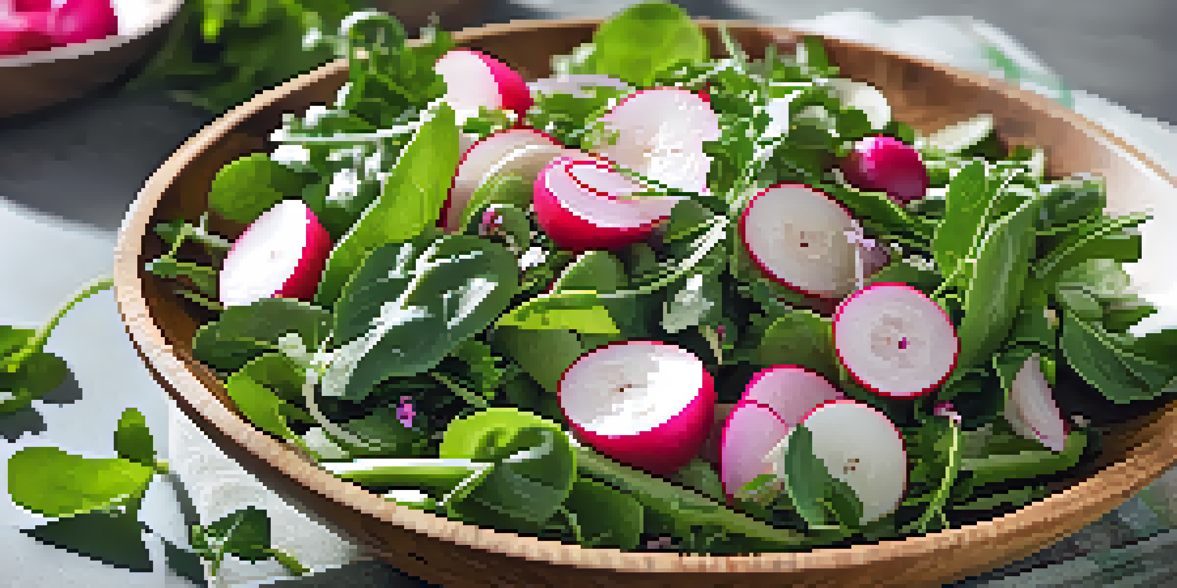 A bright and colorful spring salad with greens and radishes in a wooden bowl, set against a natural outdoor backdrop.