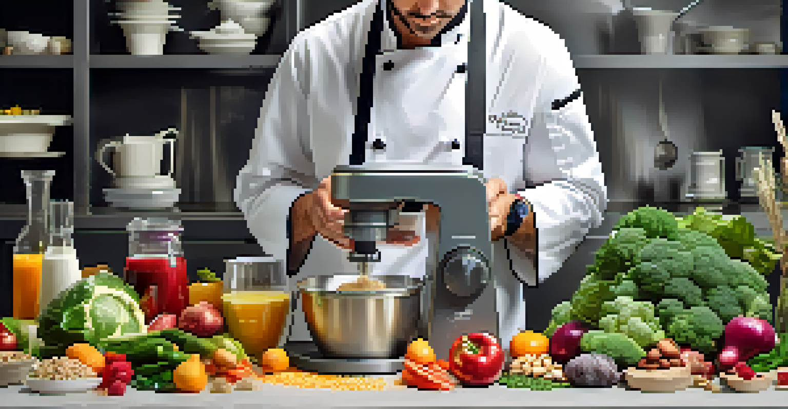 A chef blending ingredients for a raw food dish in a modern kitchen, surrounded by fresh produce and advanced culinary tools.