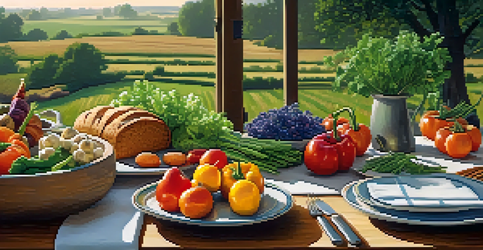A rustic wooden table filled with colorful seasonal vegetables and artisanal bread, set against a sunny farm backdrop.
