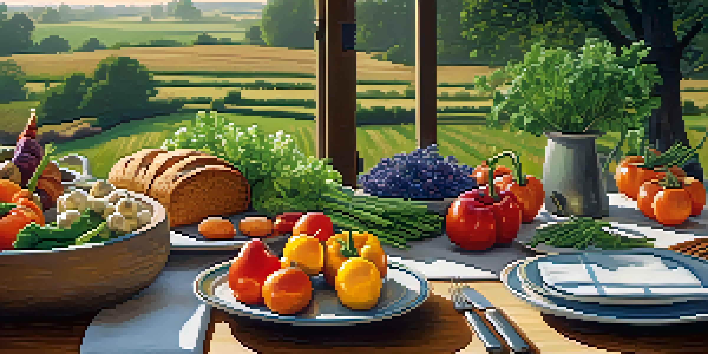 A rustic wooden table filled with colorful seasonal vegetables and artisanal bread, set against a sunny farm backdrop.