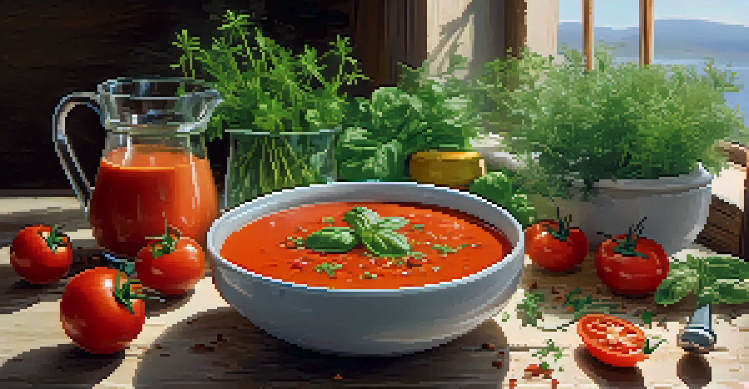 A bright red raw spicy tomato soup in a glass bowl, surrounded by fresh vegetables and herbs on a rustic kitchen table.