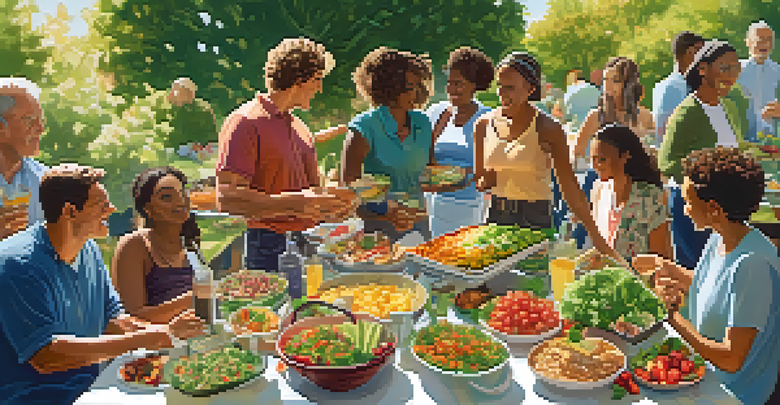 A community potluck with a table of vibrant raw dishes and people enjoying each other's company in an outdoor setting.