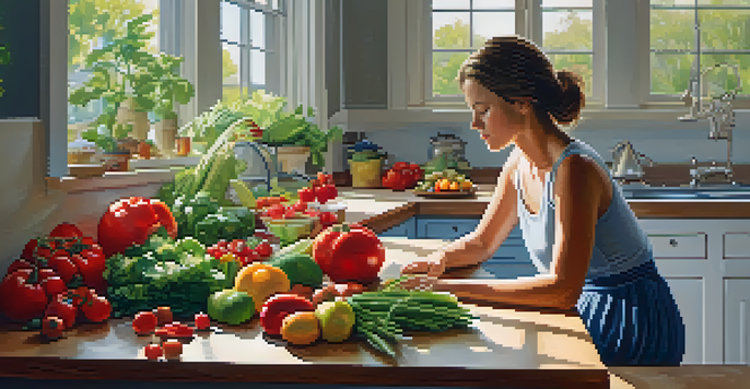 A peaceful kitchen with fresh raw fruits and vegetables on a wooden table, and a woman practicing mindfulness in the background.