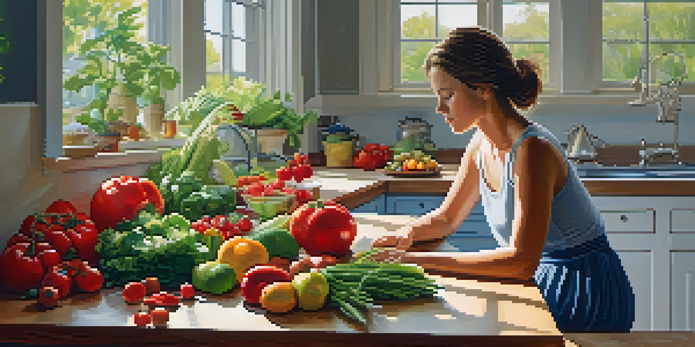 A peaceful kitchen with fresh raw fruits and vegetables on a wooden table, and a woman practicing mindfulness in the background.