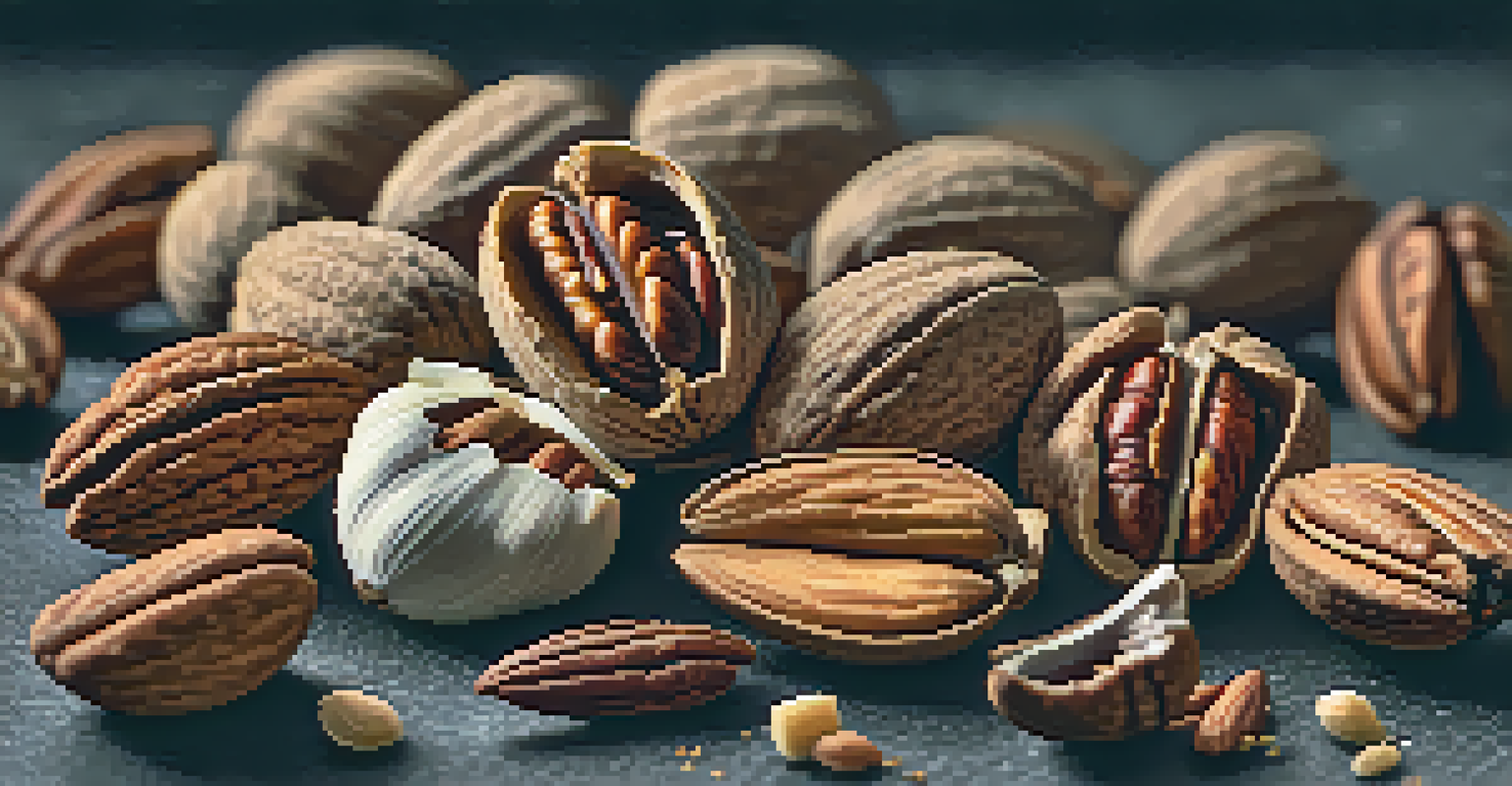 A variety of nuts seasoned with spices on a slate surface.