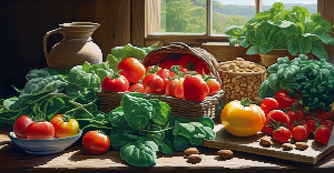 An array of fresh raw foods including heirloom tomatoes, spinach, strawberries, and nuts on a wooden table with natural sunlight.